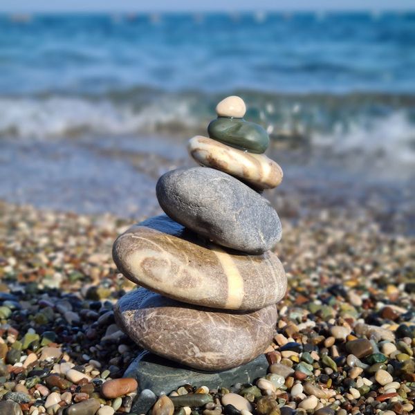 A perfectly balanced stack of smooth stones on a beach.